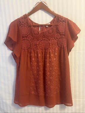 EUC Boho Lace Peasant Crochet Yoke Blouse/ Flowy Sheer Swiss Dot Top Size Small